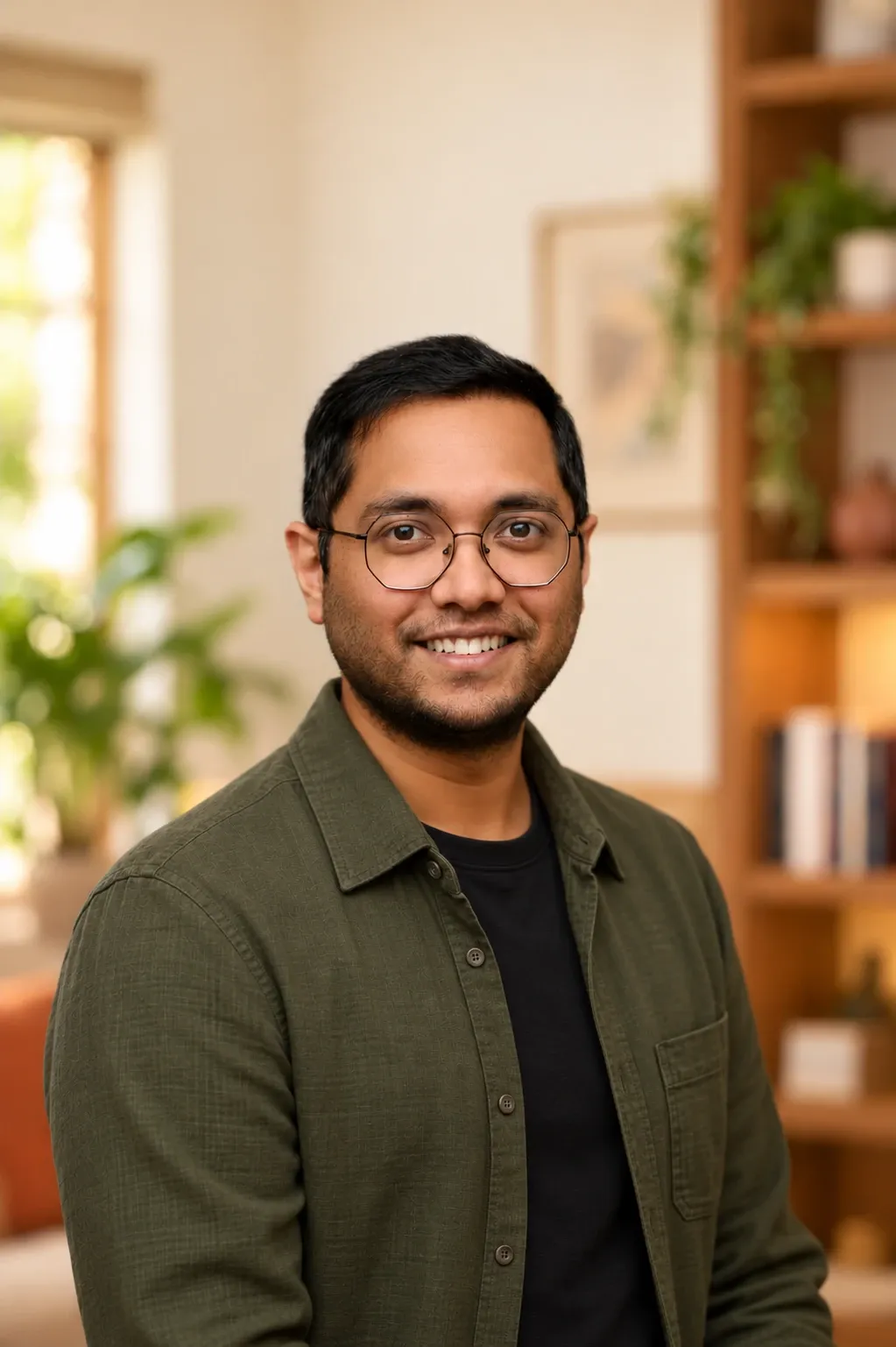 Portrait of Binu Pradeep, smiling, wearing glasses and an olive overshirt