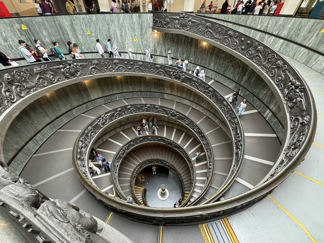 The double-helix spiral staircase of the Vatican Museums seen from the top