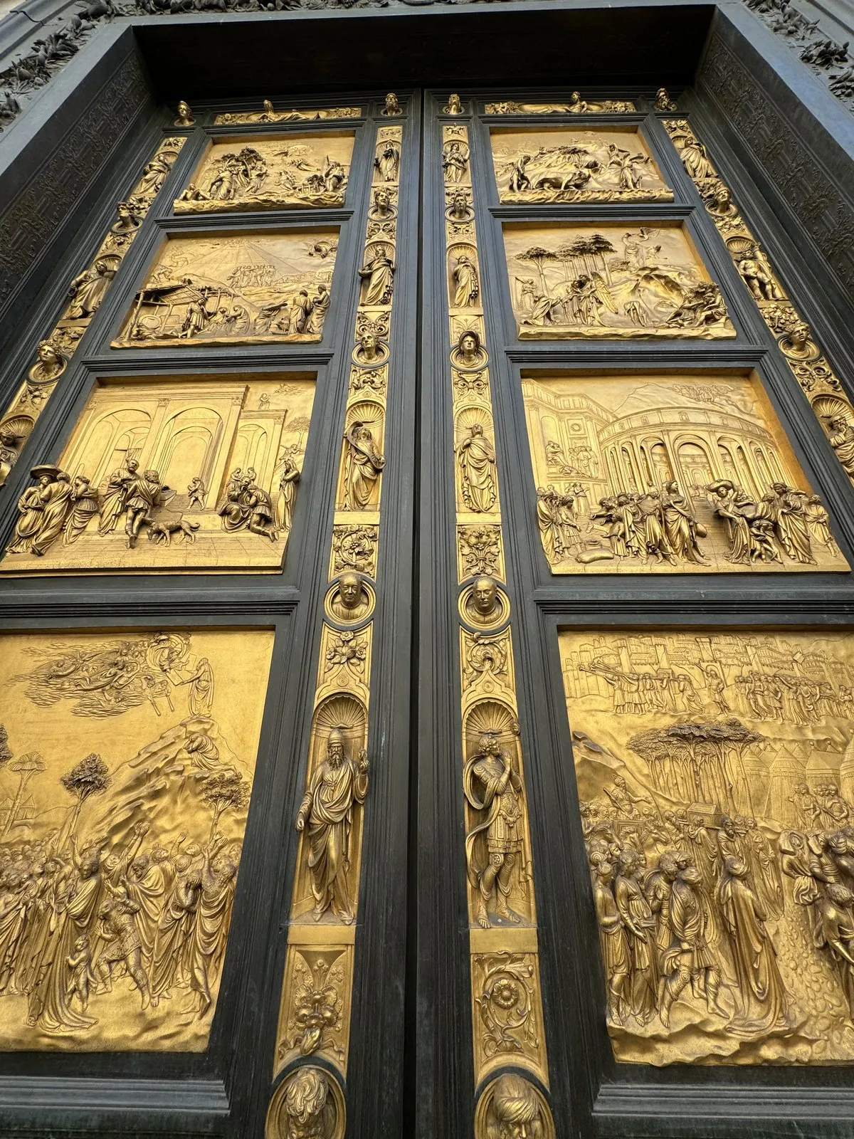 The gilded bronze panels of the Gates of Paradise on the Florence Baptistery