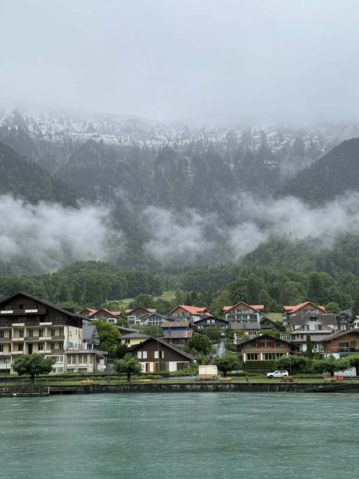 Chalets along the shore of Lake Brienz under low clouds, forested mountains rising into the mist