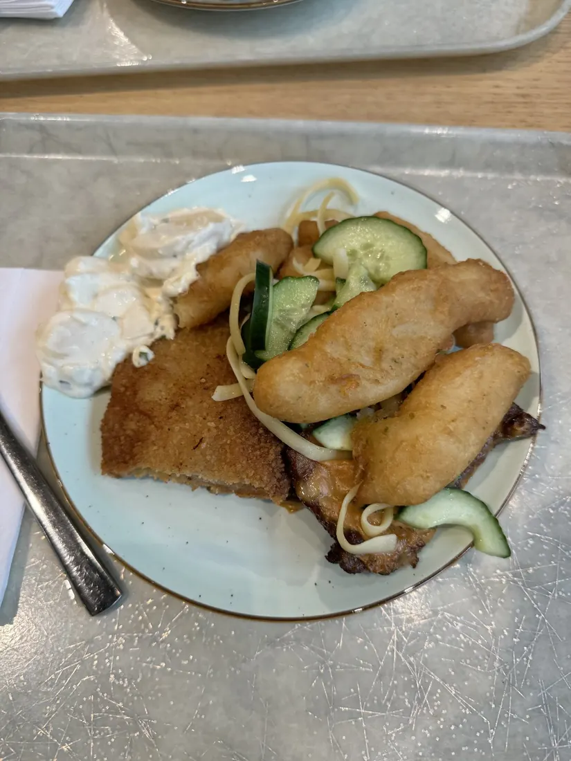 A lunch plate of schnitzel, battered fish and cucumber salad